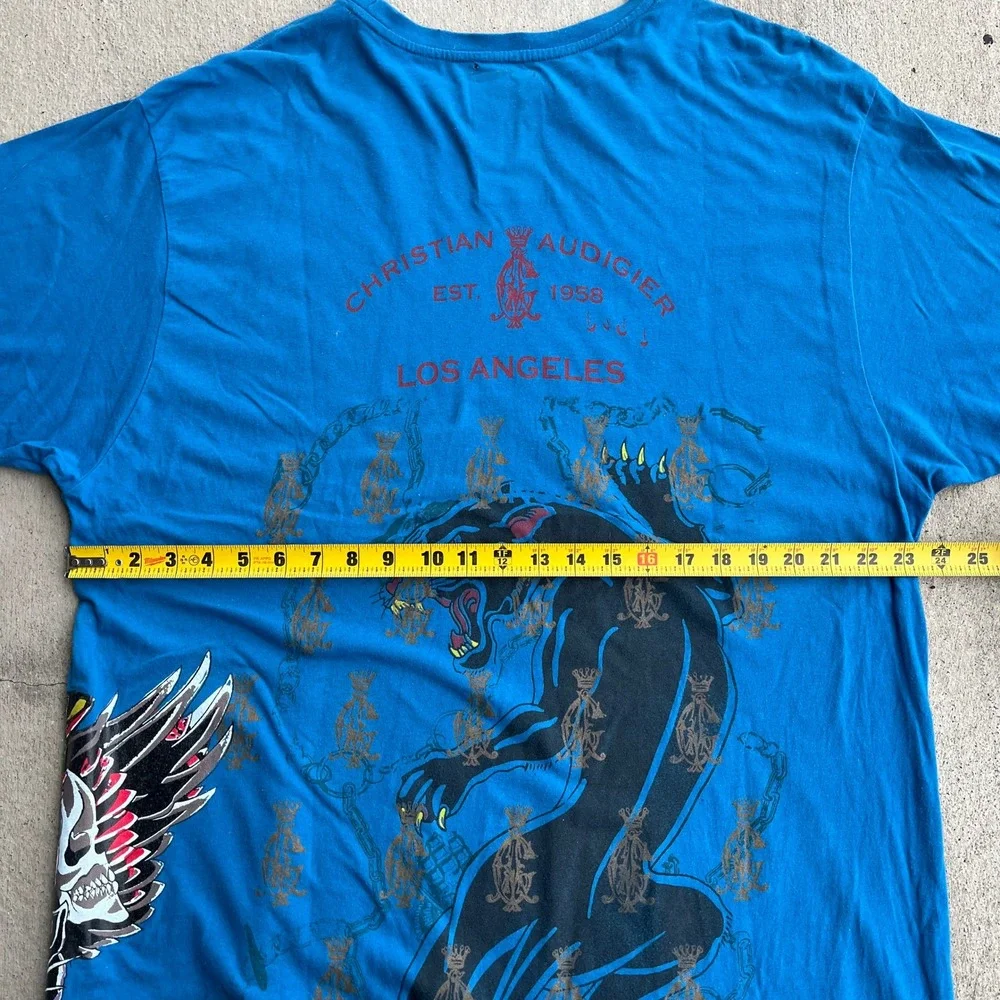 Christian Audigier Mens Blue Panther‎ Tattoo Graphic T Shirt 3XL